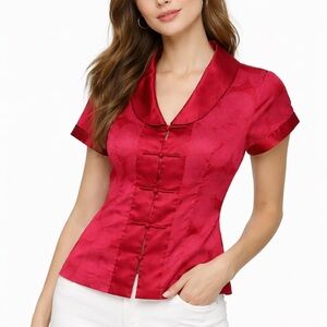 Yaly Couture Red Satin Chinese Style Blouse | Frog Closure Top size XS/S